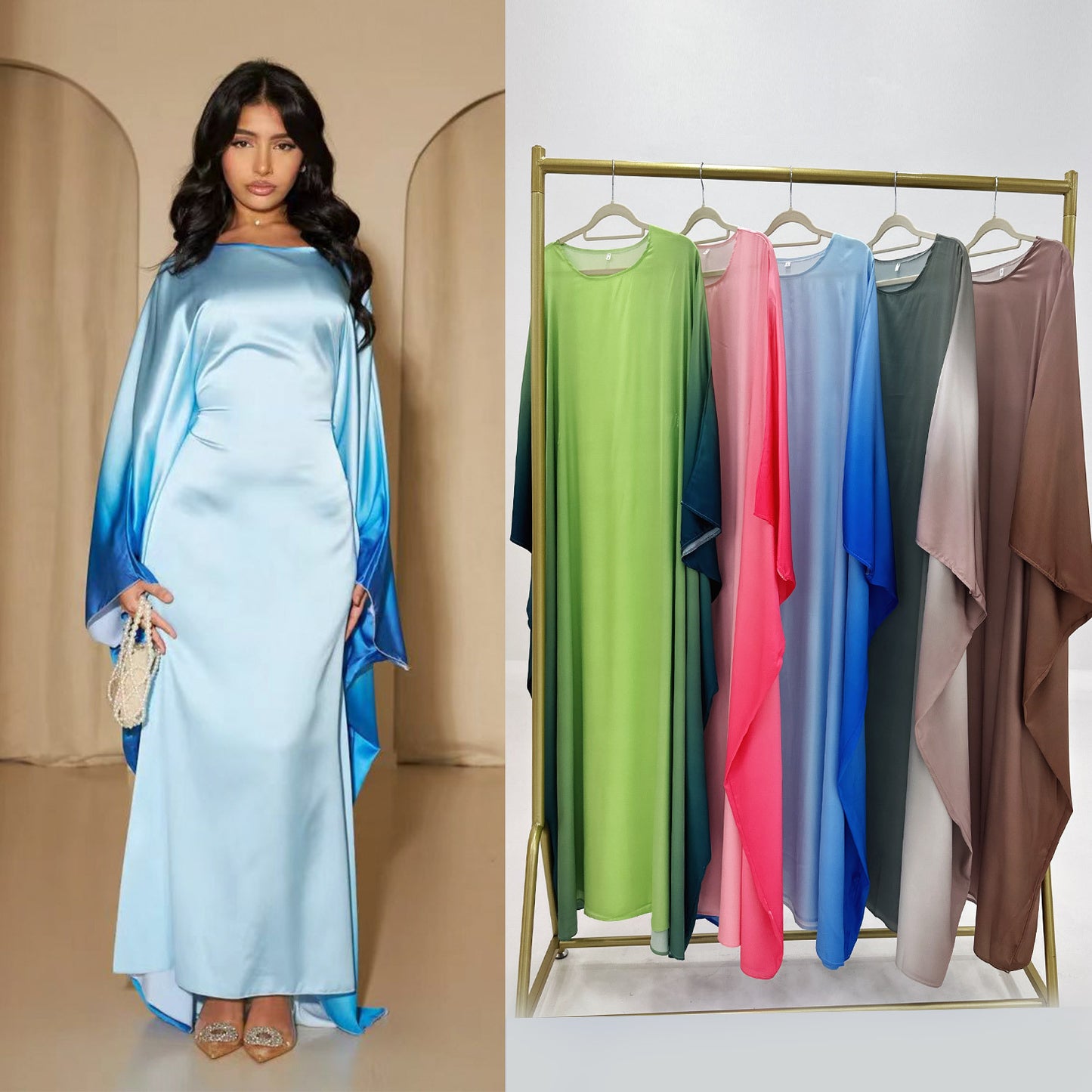 Dubai Gradient Color Party Waist-tight Batwing Sleeve Dress