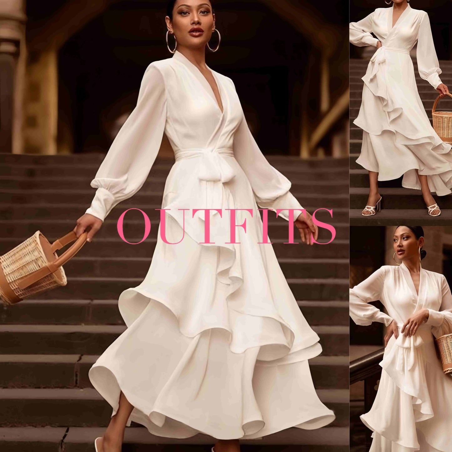 V-neck Prom Dress Long Sleeve Ruffles Long Prom Dress Elegant Dresses For Women White Satin Dress Layered Woman Clothes Casual